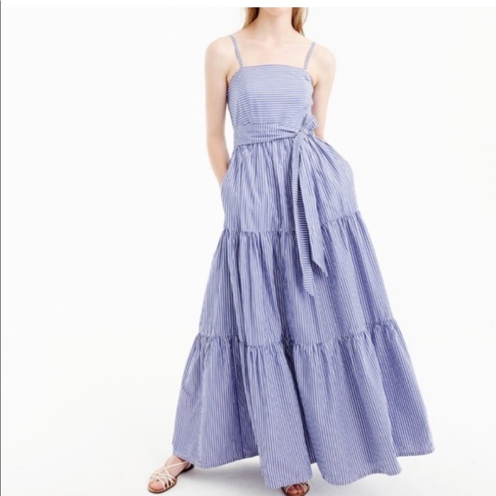 J‎ Crew Garratt striped tiered maxi dress cotton blue white 4